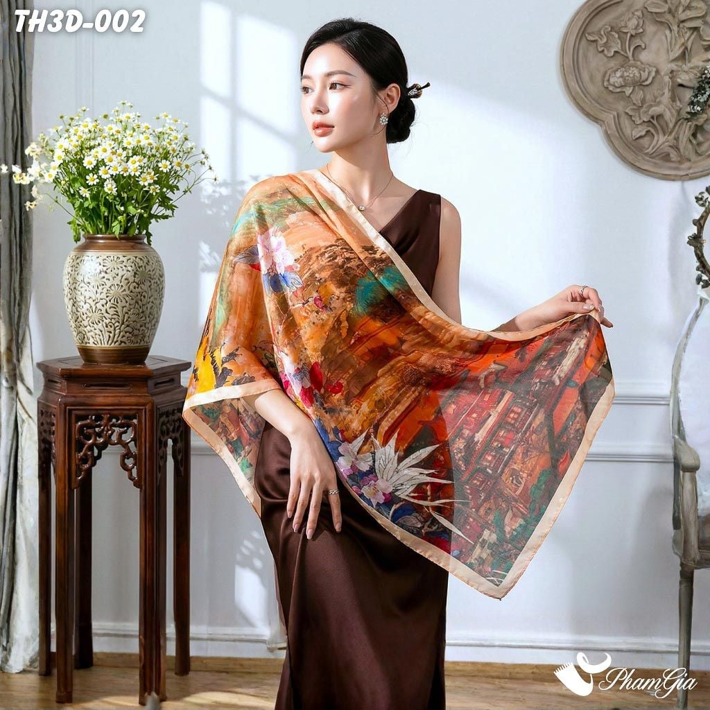 Khăn Choàng Tằm Hoa 3D Cao Cấp Họa Tiết Xuân Đào Cổ Trấn (TH3D002)