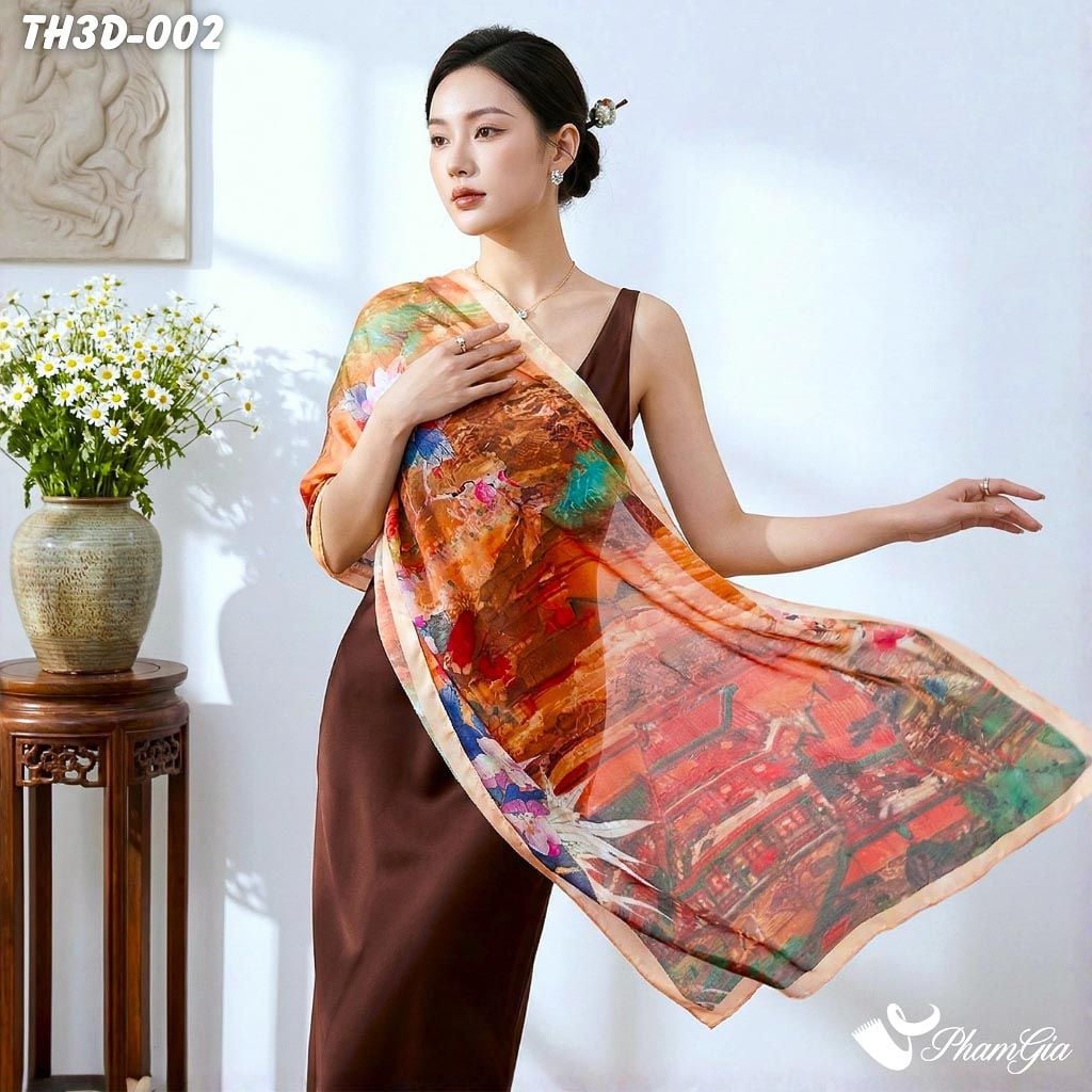 Khăn Choàng Tằm Hoa 3D Cao Cấp Họa Tiết Xuân Đào Cổ Trấn (TH3D002)