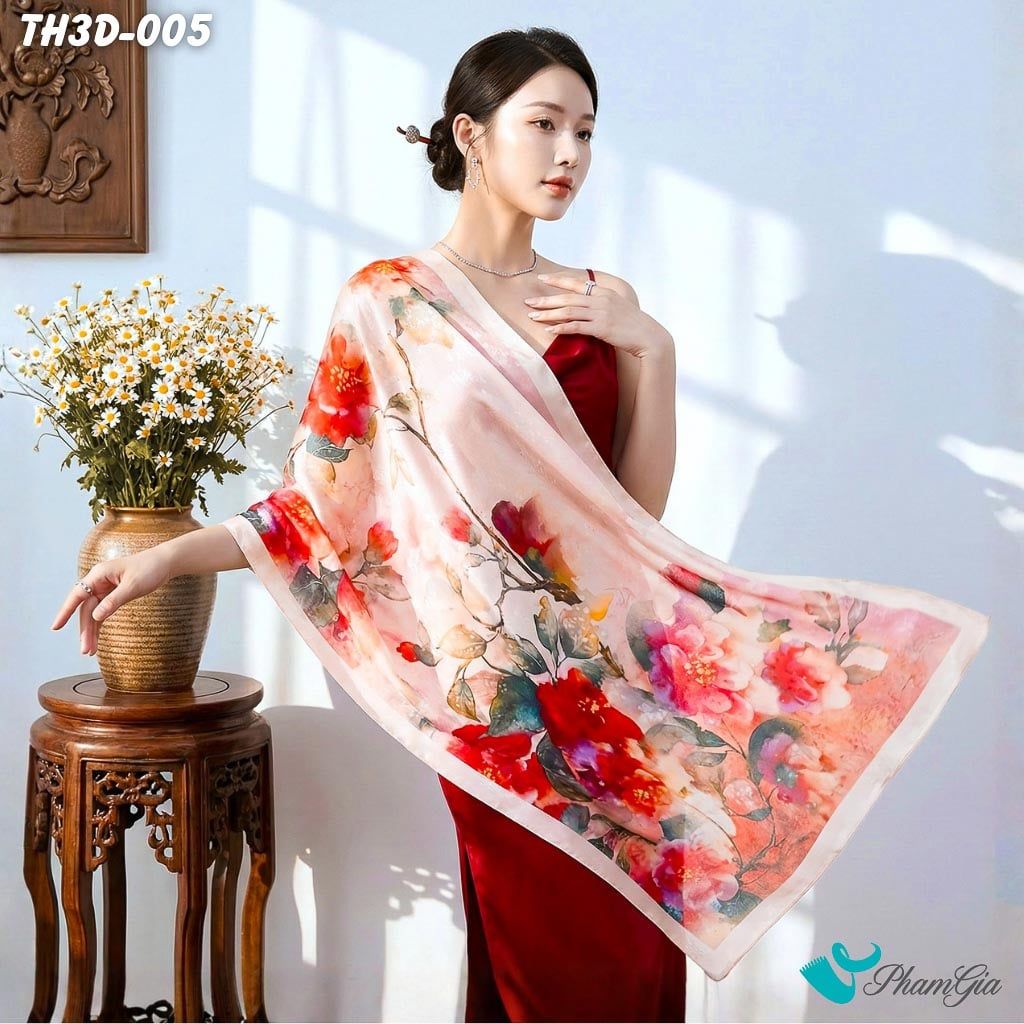 Khăn Choàng Tằm Hoa 3D Cao Cấp Họa Tiết Hoa Trà (TH3D005)