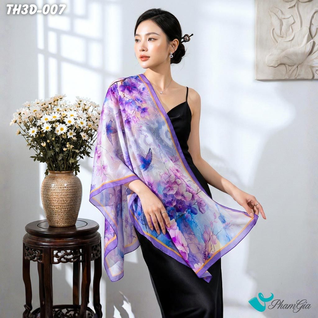Khăn Choàng Tằm Hoa 3D Cao Cấp Họa Tiết Hoa Mộc Lan Tím (TH3D007)