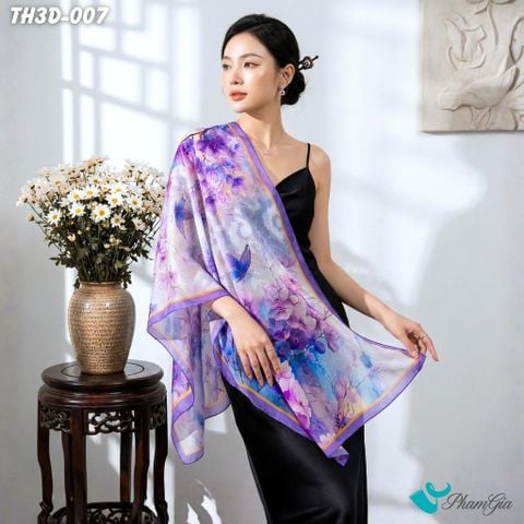 Khăn Choàng Tằm Hoa 3D Cao Cấp Họa Tiết Hoa Mộc Lan Tím (TH3D007)