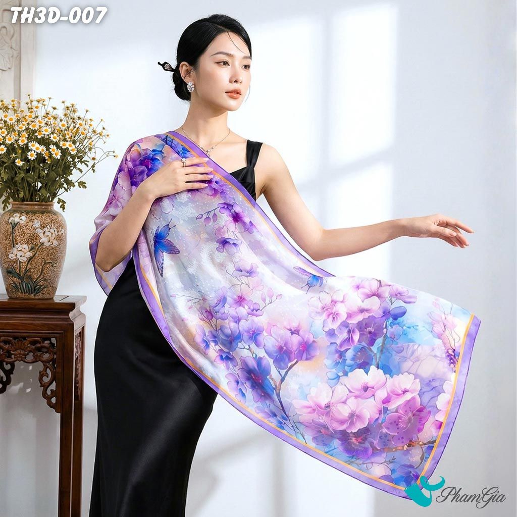 Khăn Choàng Tằm Hoa 3D Cao Cấp Họa Tiết Hoa Mộc Lan Tím (TH3D007)
