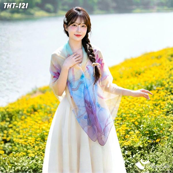 Khăn Choàng Tằm Họa Tiết Hoa Sen Màu Tím Trang Nhã (THT121)