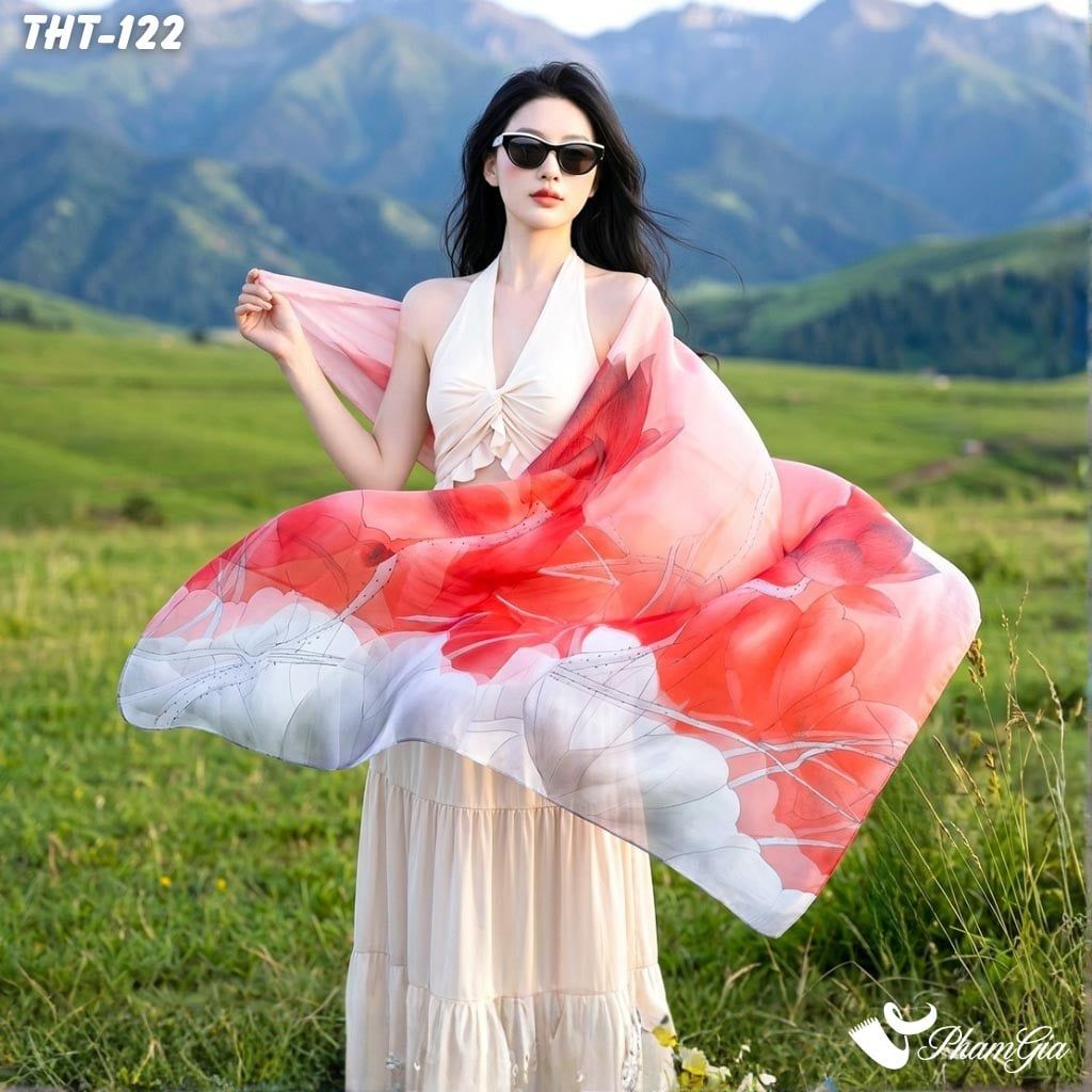 Khăn Choàng Tằm Họa Tiết Hoa Sen Màu Đỏ Trang Nhã (THT122)