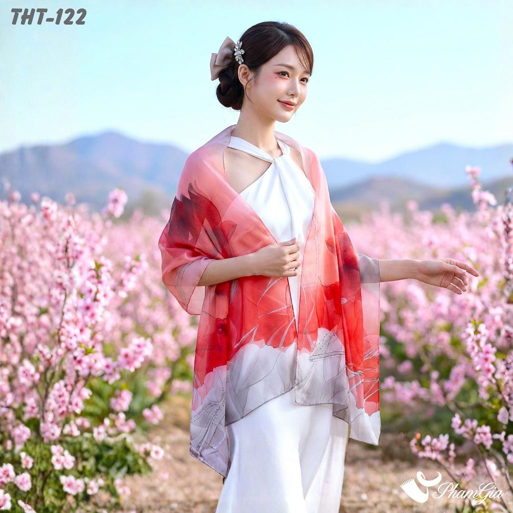 Khăn Choàng Tằm Họa Tiết Hoa Sen Màu Đỏ Trang Nhã (THT122)