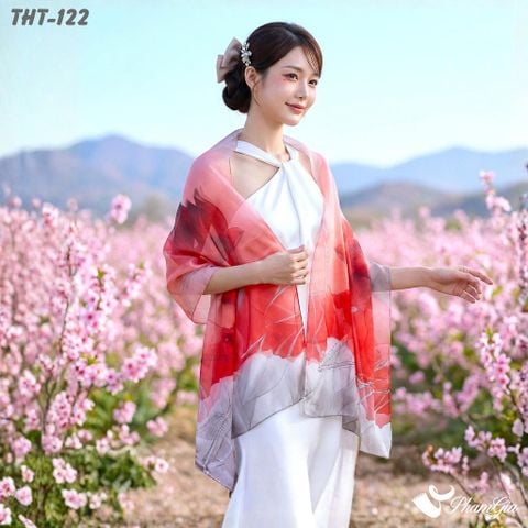 Khăn Choàng Tằm Họa Tiết Hoa Sen Màu Đỏ Trang Nhã (THT122)