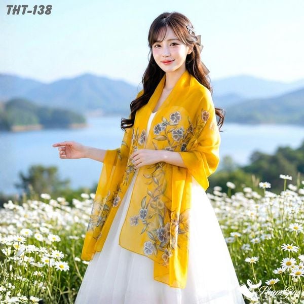 Khăn Choàng Tằm Họa Tiết Hoa Anh Đào Màu Vàng Nghệ Quý Phái (THT138)