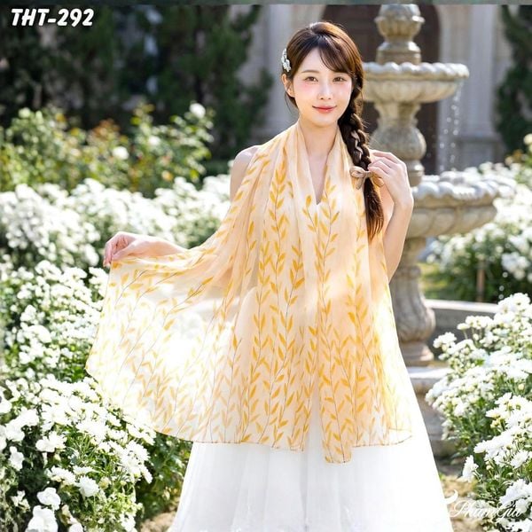 Khăn Choàng Tằm Họa Tiết Cành Lá Mùa Thu Màu Vàng Nữ Tính (THT292)