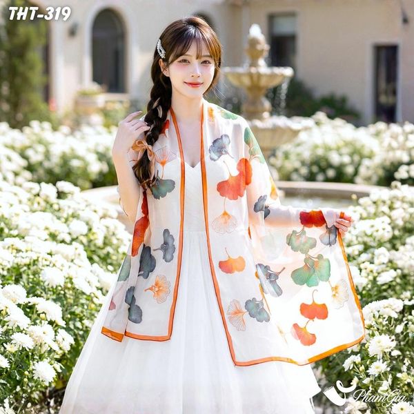 Khăn Choàng Tằm Họa Tiết Lá Rẻ Quạt Phối Màu Cam Xanh Nổi Bật (THT319)