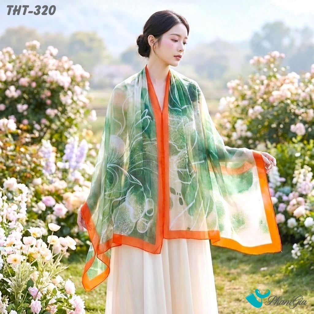 Khăn Choàng Tằm Họa Tiết Hoa Mẫu Đơn Màu Xanh Rêu Trang Nhã (THT320)