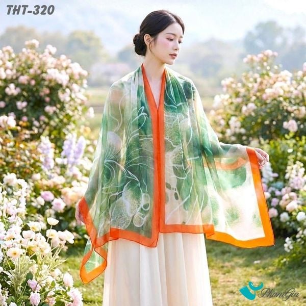 Khăn Choàng Tằm Họa Tiết Hoa Mẫu Đơn Màu Xanh Rêu Trang Nhã (THT320)