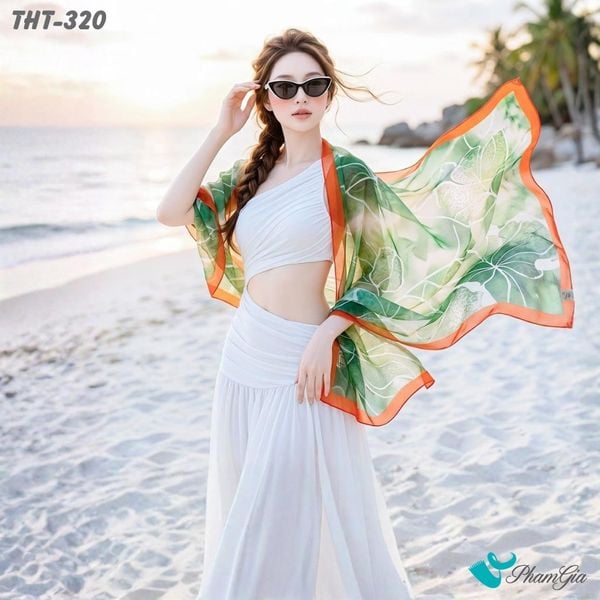 Khăn Choàng Tằm Họa Tiết Hoa Mẫu Đơn Màu Xanh Rêu Trang Nhã (THT320)
