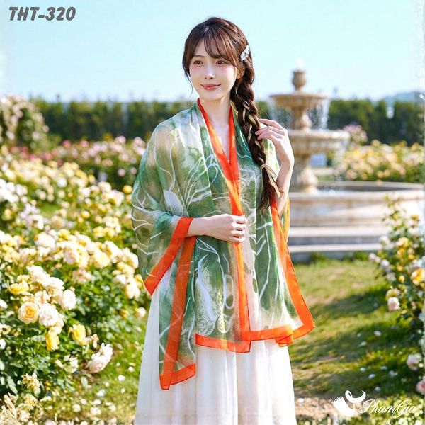 Khăn Choàng Tằm Họa Tiết Hoa Mẫu Đơn Màu Xanh Rêu Trang Nhã (THT320)