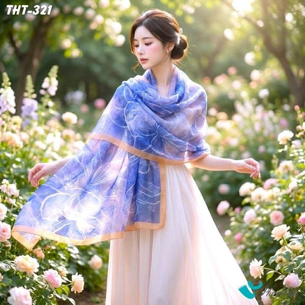 Khăn Choàng Tằm Họa Tiết Hoa Mẫu Đơn Màu Xanh Tím Trang Nhã (THT321)