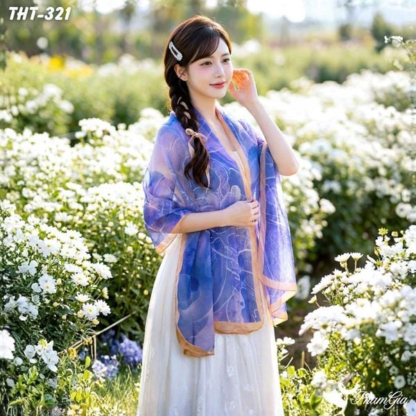 Khăn Choàng Tằm Họa Tiết Hoa Mẫu Đơn Màu Xanh Tím Trang Nhã (THT321)