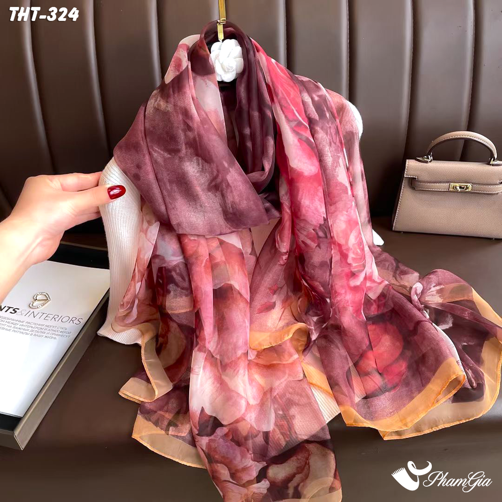 Khăn Choàng Tằm Họa Tiết Hoa Mẫu Đơn Màu Đỏ Rượu Sang Trọng (THT324)