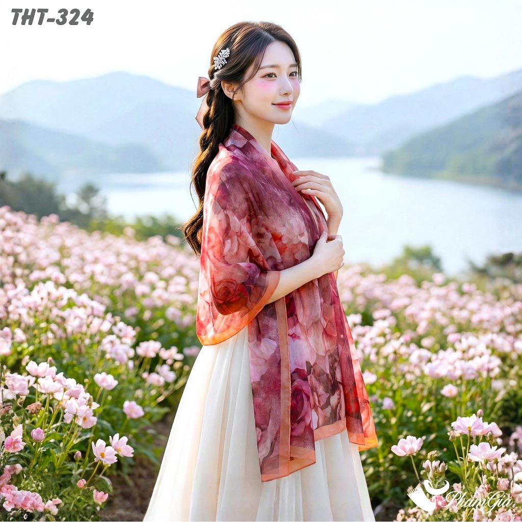 Khăn Choàng Tằm Họa Tiết Hoa Mẫu Đơn Màu Đỏ Rượu Sang Trọng (THT324)
