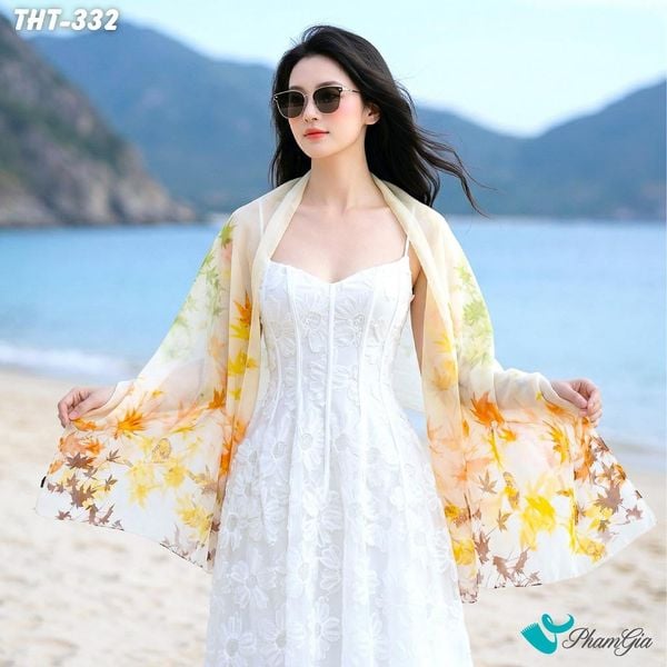 Khăn Choàng Tằm Họa Tiết Lá Phong Màu Vàng Kem Nhẹ Nhàng (THT332)