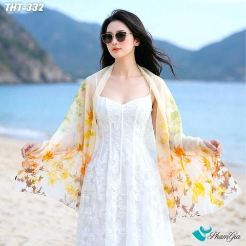 Khăn Choàng Tằm Họa Tiết Lá Phong Màu Vàng Kem Nhẹ Nhàng (THT332)