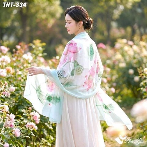 Khăn Choàng Tằm Họa Tiết Hoa Sen Màu Xanh Mint Thanh Lịch (THT340)