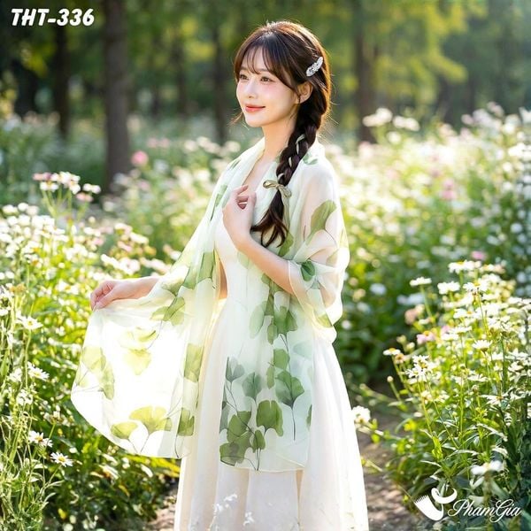 Khăn Choàng Tằm Họa Tiết Lá Rẻ Quạt Màu Xanh Bạc Hà Thanh Lịch (THT336)