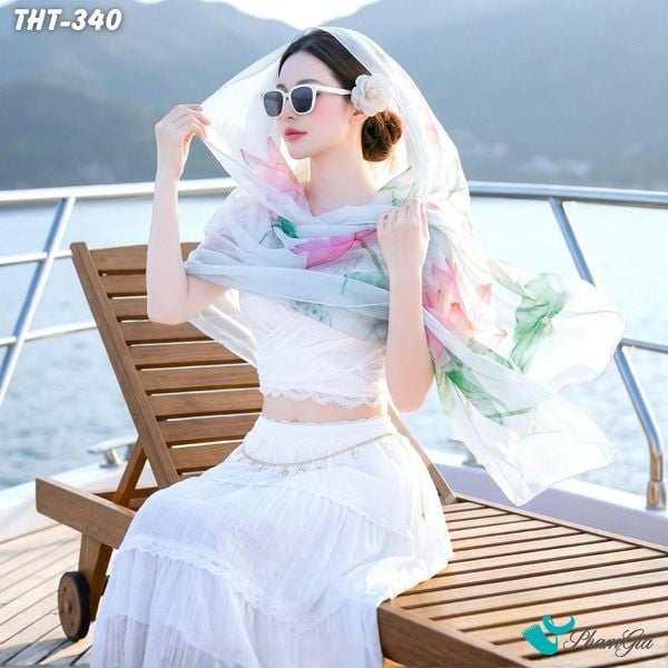 Khăn Choàng Tằm Họa Tiết Hoa Sen Màu Xanh Mint Thanh Lịch (THT340)