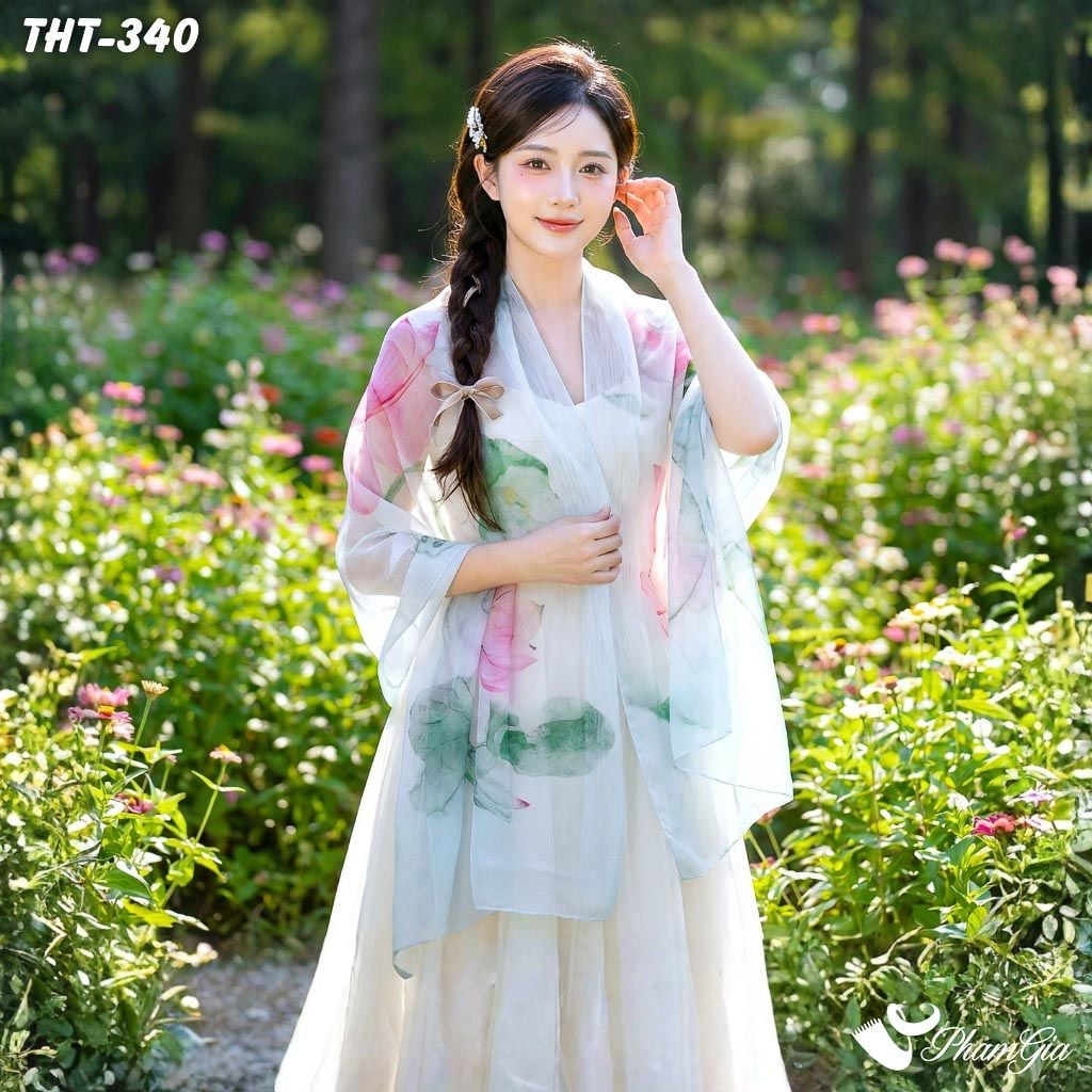 Khăn Choàng Tằm Họa Tiết Hoa Sen Màu Xanh Mint Thanh Lịch (THT340)