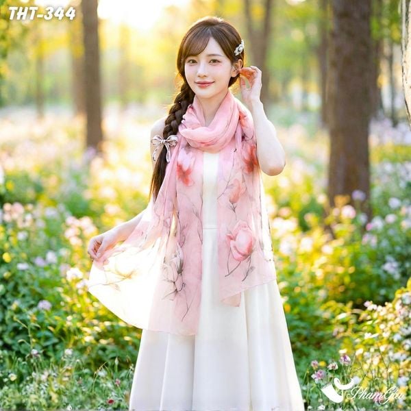 Khăn Choàng Tằm Họa Tiết Hoa Hồng Màu Hồng Phớt Ngọt Ngào (THT344)