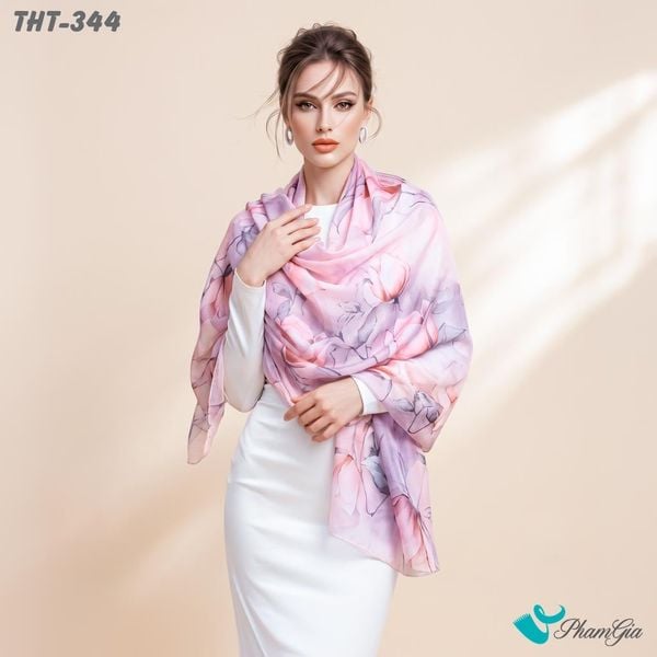 Khăn Choàng Tằm Họa Tiết Hoa Hồng Màu Hồng Phớt Ngọt Ngào (THT344)