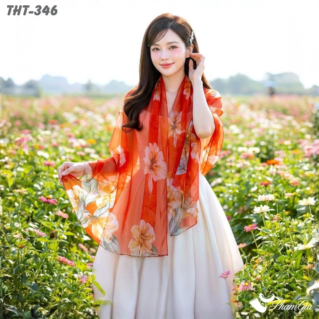 Khăn Choàng Tằm Họa Tiết Hoa Hồng Màu Cam Cháy Rực Rỡ (THT346)