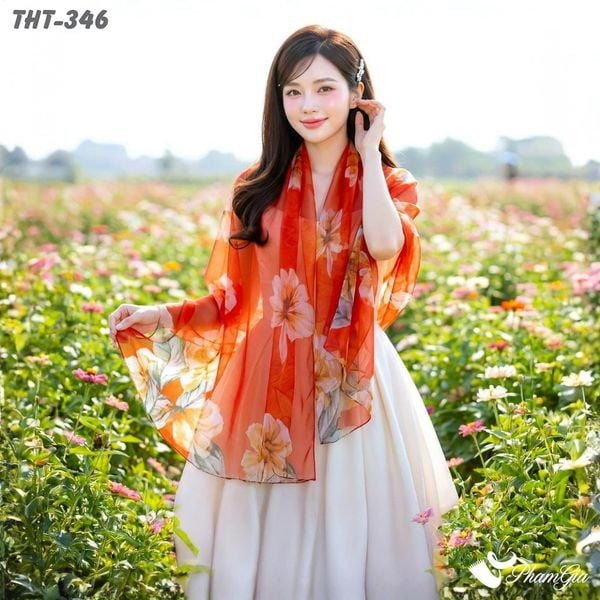 Khăn Choàng Tằm Họa Tiết Hoa Hồng Màu Cam Cháy Rực Rỡ (THT346)