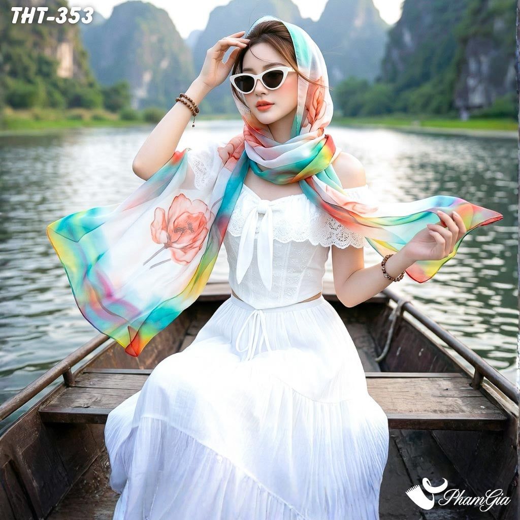 Khăn Choàng Tằm Họa Tiết Hoa Tulip Phối Nhiều Màu Thanh Lịch (THT353)