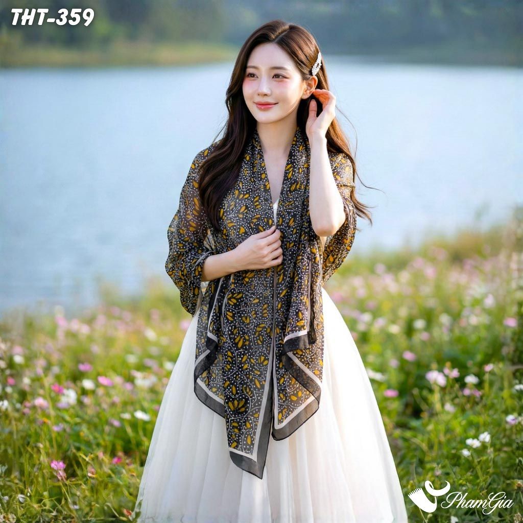 Khăn Choàng Tằm Họa Tiết Lá Cách Điệu Phối Màu Đen Vàng Thanh Lịch (THT359)