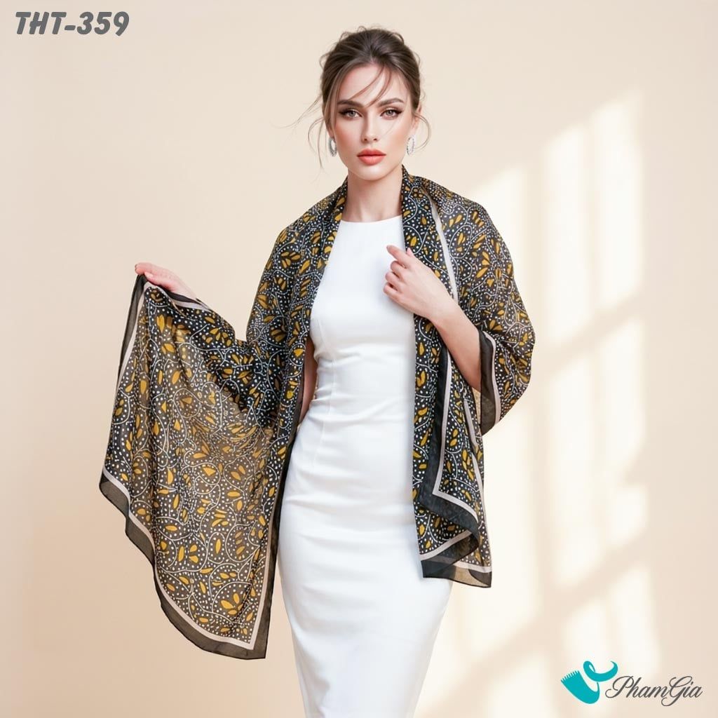 Khăn Choàng Tằm Họa Tiết Lá Cách Điệu Phối Màu Đen Vàng Thanh Lịch (THT359)