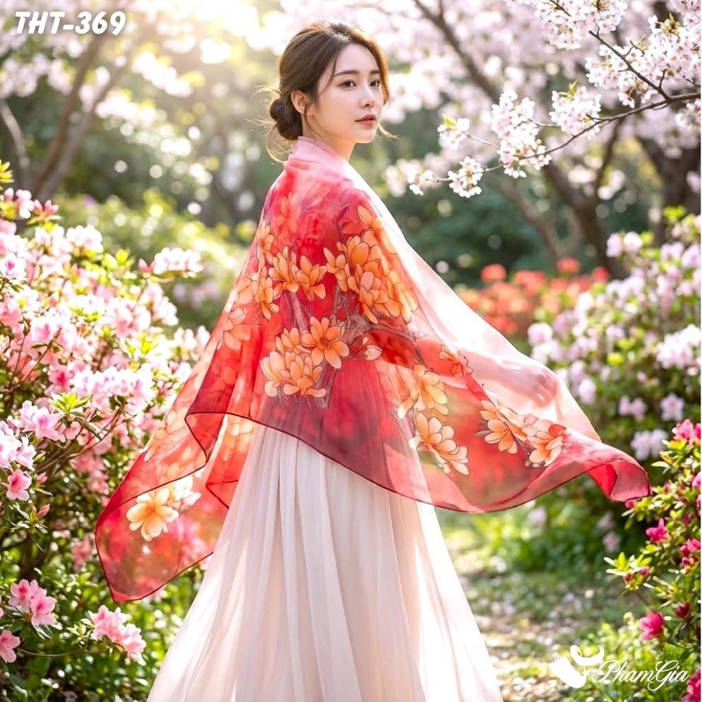 Khăn Choàng Tằm Họa Tiết Hoa Mẫu Đơn Màu Đỏ Ombre Sang Trọng (THT369)