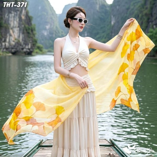 Khăn Choàng Tằm Họa Tiết Hoa Rẻ Quạt Màu Vàng Sang Trọng (THT371)