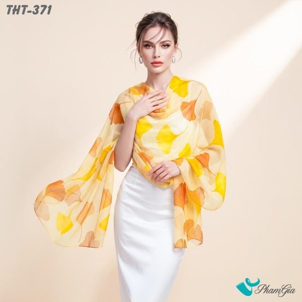 Khăn Choàng Tằm Họa Tiết Hoa Rẻ Quạt Màu Vàng Sang Trọng (THT371)