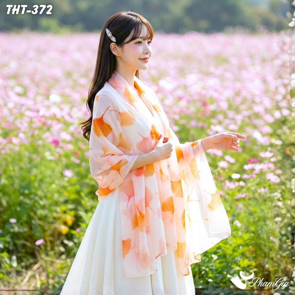 Khăn Choàng Tằm Họa Tiết Hoa Rẻ Quạt Màu Cam Thanh Lịch (THT372)