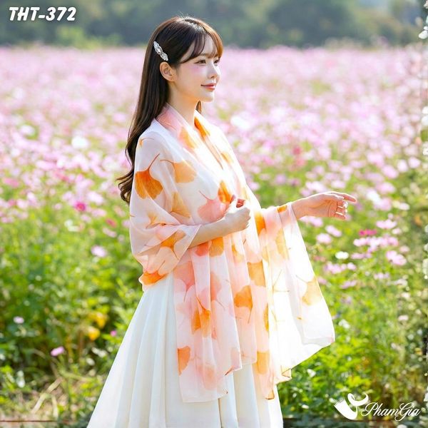 Khăn Choàng Tằm Họa Tiết Hoa Rẻ Quạt Màu Cam Thanh Lịch (THT372)