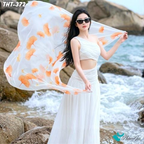 Khăn Choàng Tằm Họa Tiết Hoa Rẻ Quạt Màu Cam Thanh Lịch (THT372)