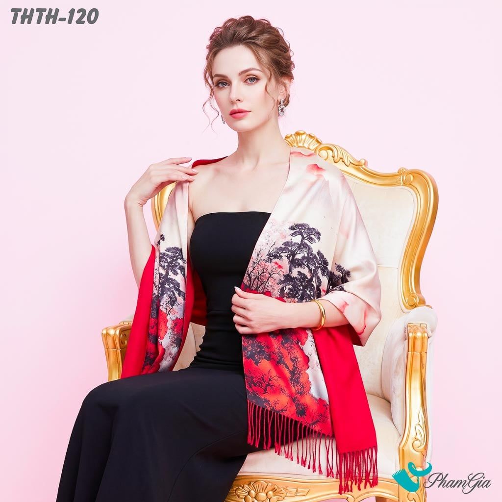 Khăn Choàng Tằm Hoa Thượng Hải 2 Lớp Cao Cấp Họa Tiết Rừng Đại Ngàn Màu Đỏ Sang Trọng (THTH120)