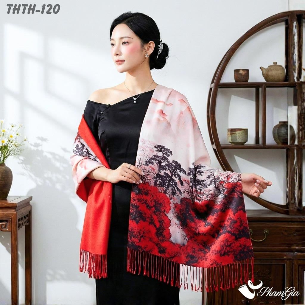 Khăn Choàng Tằm Hoa Thượng Hải 2 Lớp Cao Cấp Họa Tiết Rừng Đại Ngàn Màu Đỏ Sang Trọng (THTH120)