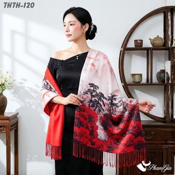 Khăn Choàng Tằm Hoa Thượng Hải 2 Lớp Cao Cấp Họa Tiết Rừng Đại Ngàn Màu Đỏ Sang Trọng (THTH120)