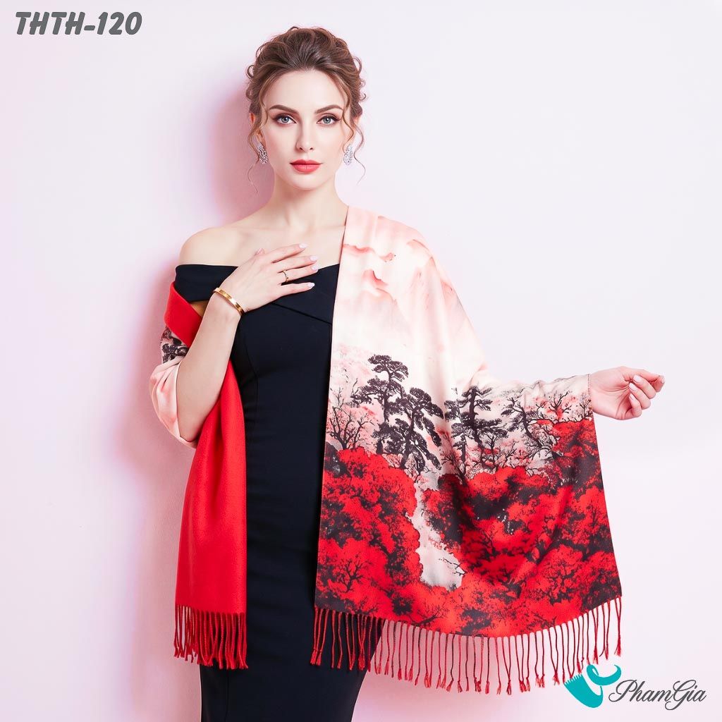 Khăn Choàng Tằm Hoa Thượng Hải 2 Lớp Cao Cấp Họa Tiết Rừng Đại Ngàn Màu Đỏ Sang Trọng (THTH120)