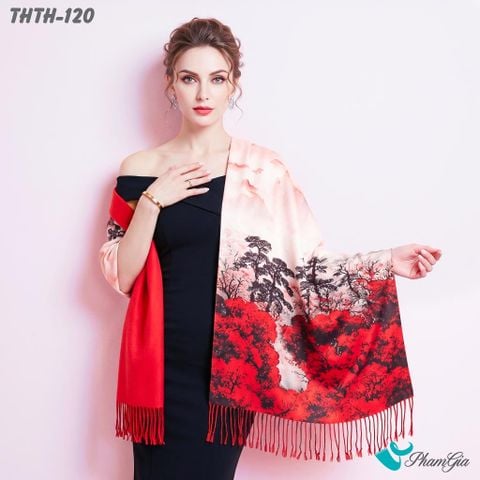 Khăn Choàng Tằm Hoa Thượng Hải 2 Lớp Cao Cấp Họa Tiết Rừng Đại Ngàn Màu Đỏ Sang Trọng (THTH120)