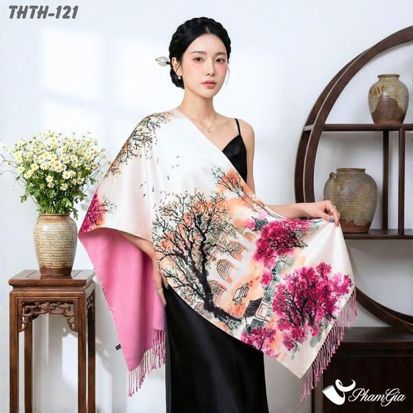 Khăn Choàng Tằm Hoa Thượng Hải 2 Lớp Cao Cấp Họa Tiết Thủy Mặc Màu Hồng Phấn Trang Nhã (THTH121)