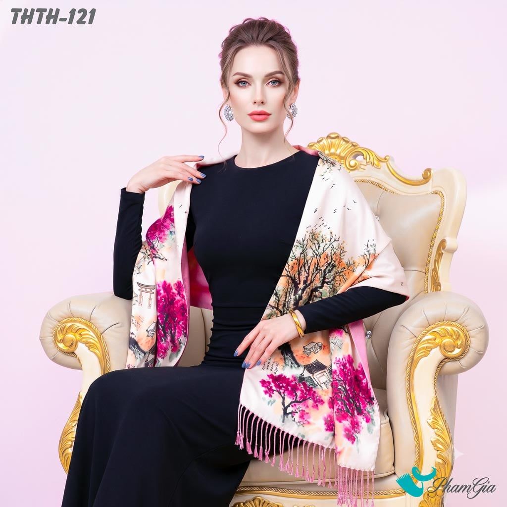 Khăn Choàng Tằm Hoa Thượng Hải 2 Lớp Cao Cấp Họa Tiết Thủy Mặc Màu Hồng Phấn Trang Nhã (THTH121)