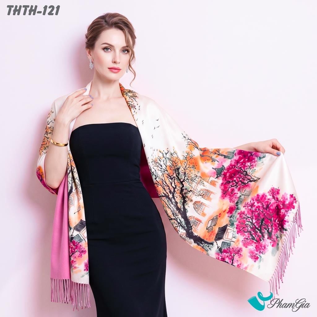 Khăn Choàng Tằm Hoa Thượng Hải 2 Lớp Cao Cấp Họa Tiết Thủy Mặc Màu Hồng Phấn Trang Nhã (THTH121)