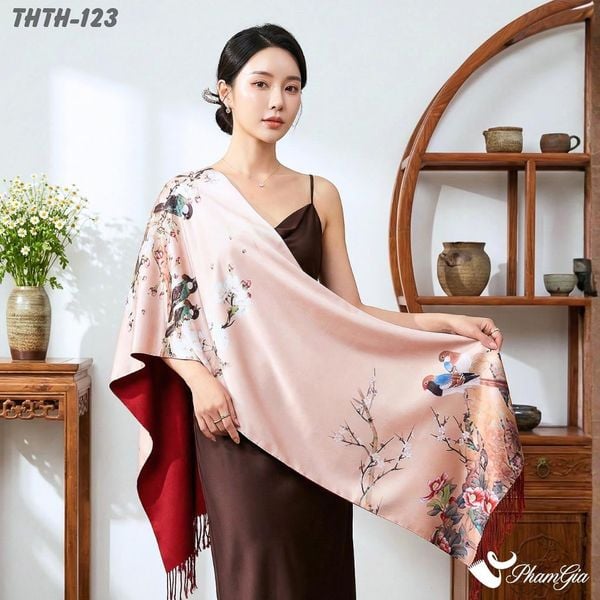 Khăn Choàng Tằm Hoa Thượng Hải 2 Lớp Cao Cấp Họa Tiết Chim Hoàng Yến Màu Beige Sang Trọng (THTH123)