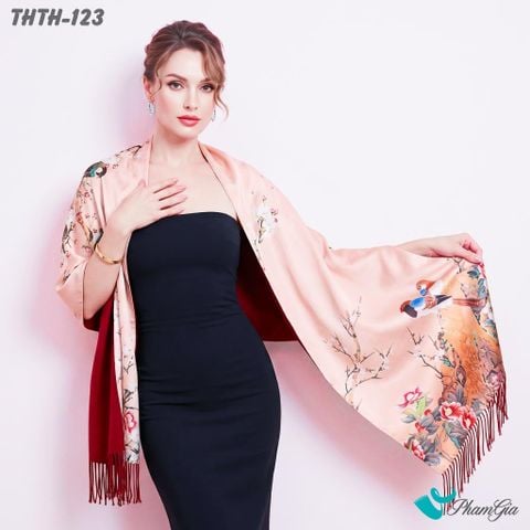 Khăn Choàng Tằm Hoa Thuỵ Hạc 2 Lớp Cao Cấp Họa Tiết Chim Hoàng Yến Màu Beige Sang Trọng (THTH123)